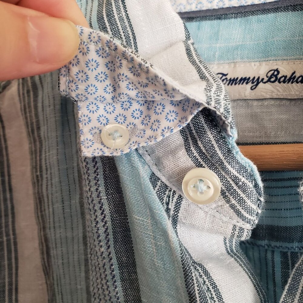 Tommy Bahama 100% Linen Striped Shirt Blue White Relaxed Fit Button-Up Shirt - Picture 4 of 11